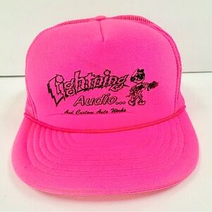 Vintage Auburn NY Snapback Trucker Mesh Hat 80s 90s Lightning Audio Hot Pink